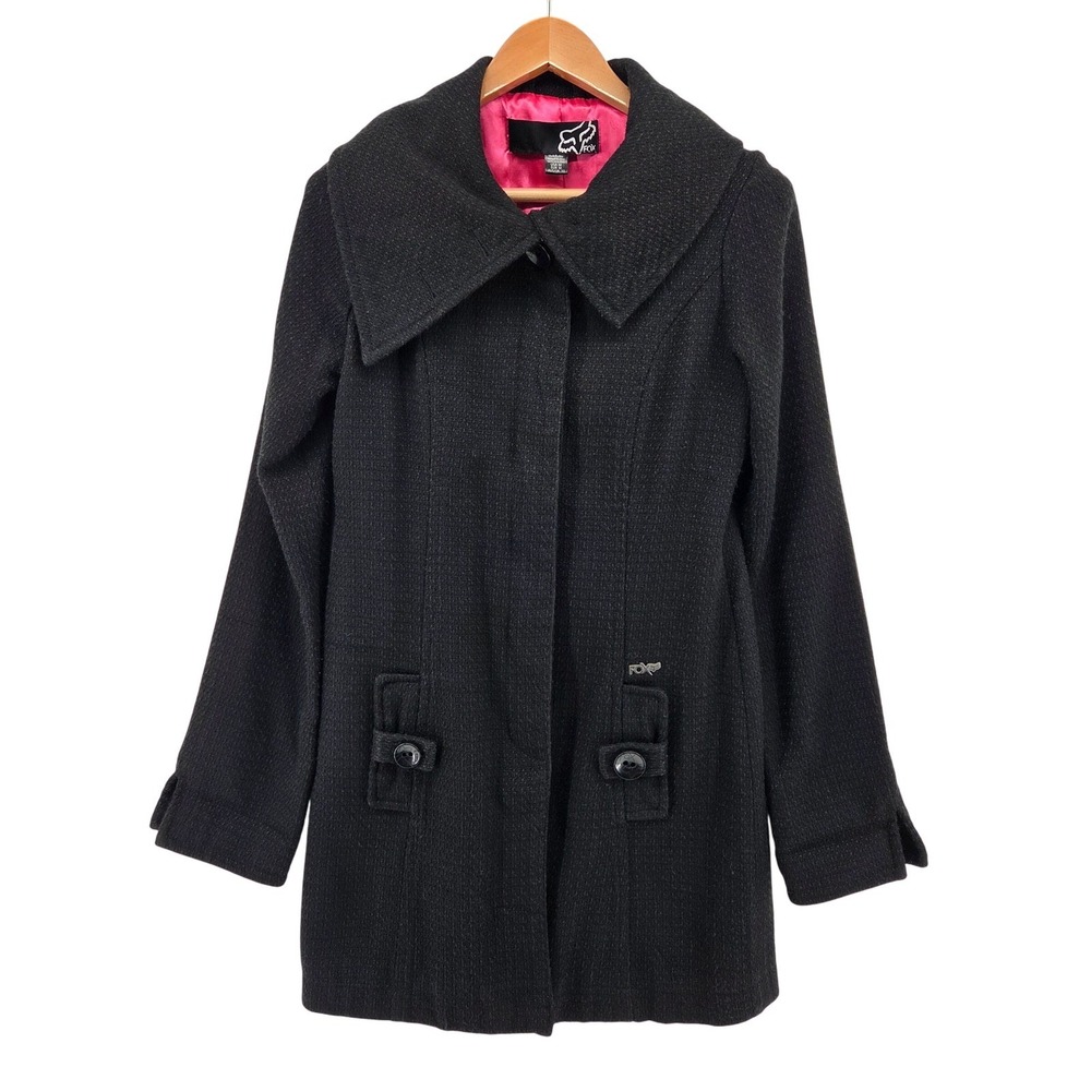 Y2K‎ Fox Racing Black Coat Jacket Pink Satin Lining Button Front Women's Medium